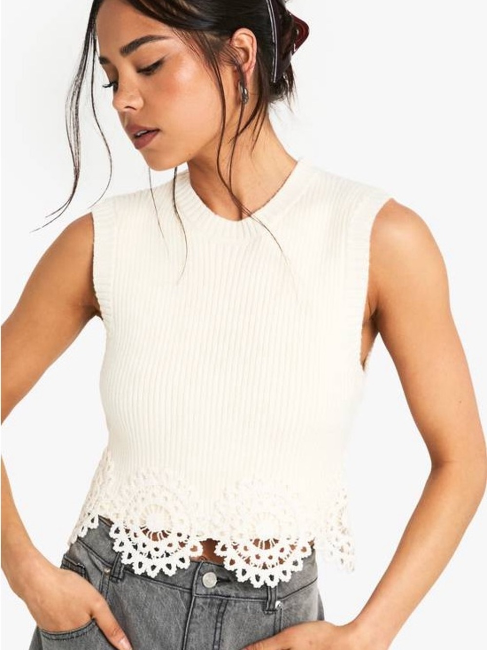Zara Cream Ribbed Sleeveless Tank with Crochet Hem
